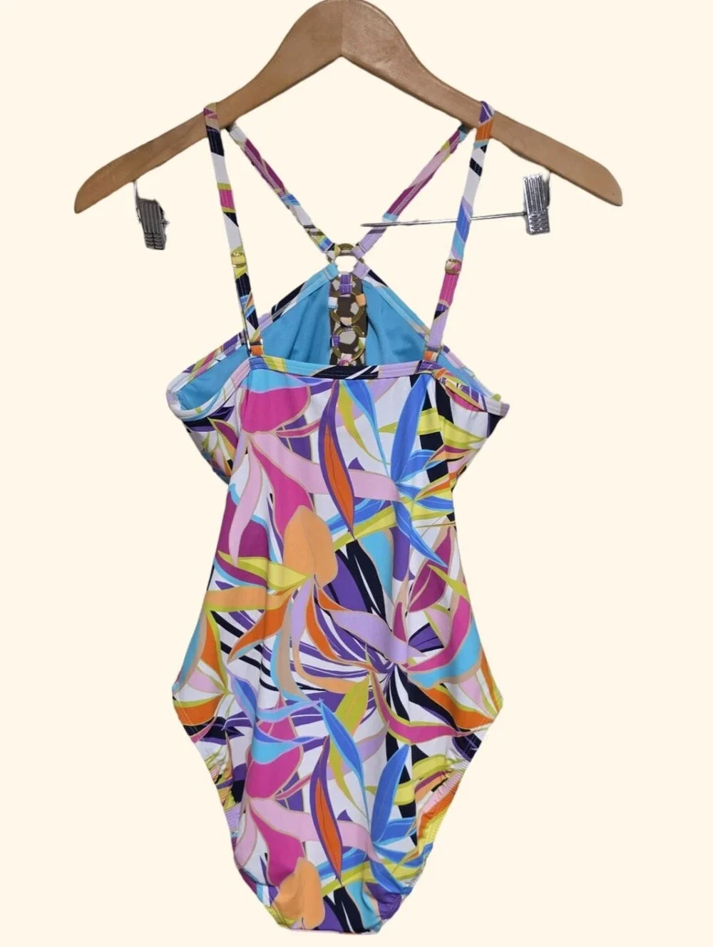 Bleu Rod Beattie‎ Tropical Floral Halter One Piece Swimsuit Multi Color Ring new